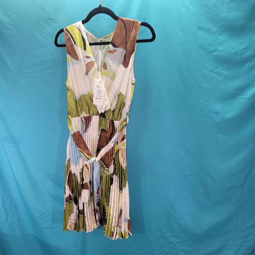 Pleated Floral Print Sleeveless Dress With Belt For Women One Size By Lamiar